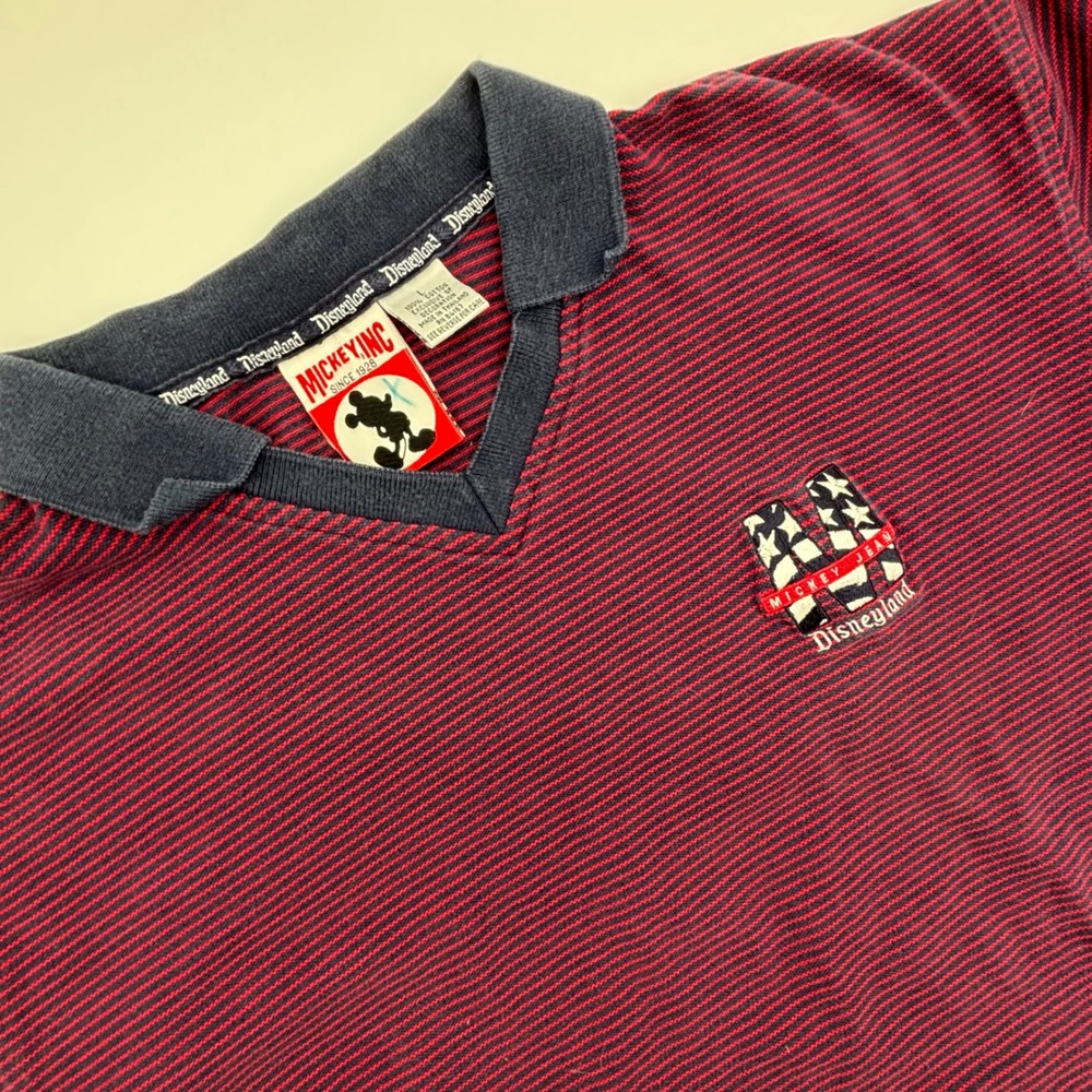 Mickey Inc Disneyland Red Navy Striped Polo Shirt Men's Size L V-Neck Cotton